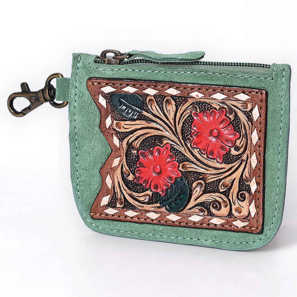ADBGA746 Tooled Leather Coin Purse - Red Floral Design with Zipper & Clip Hook