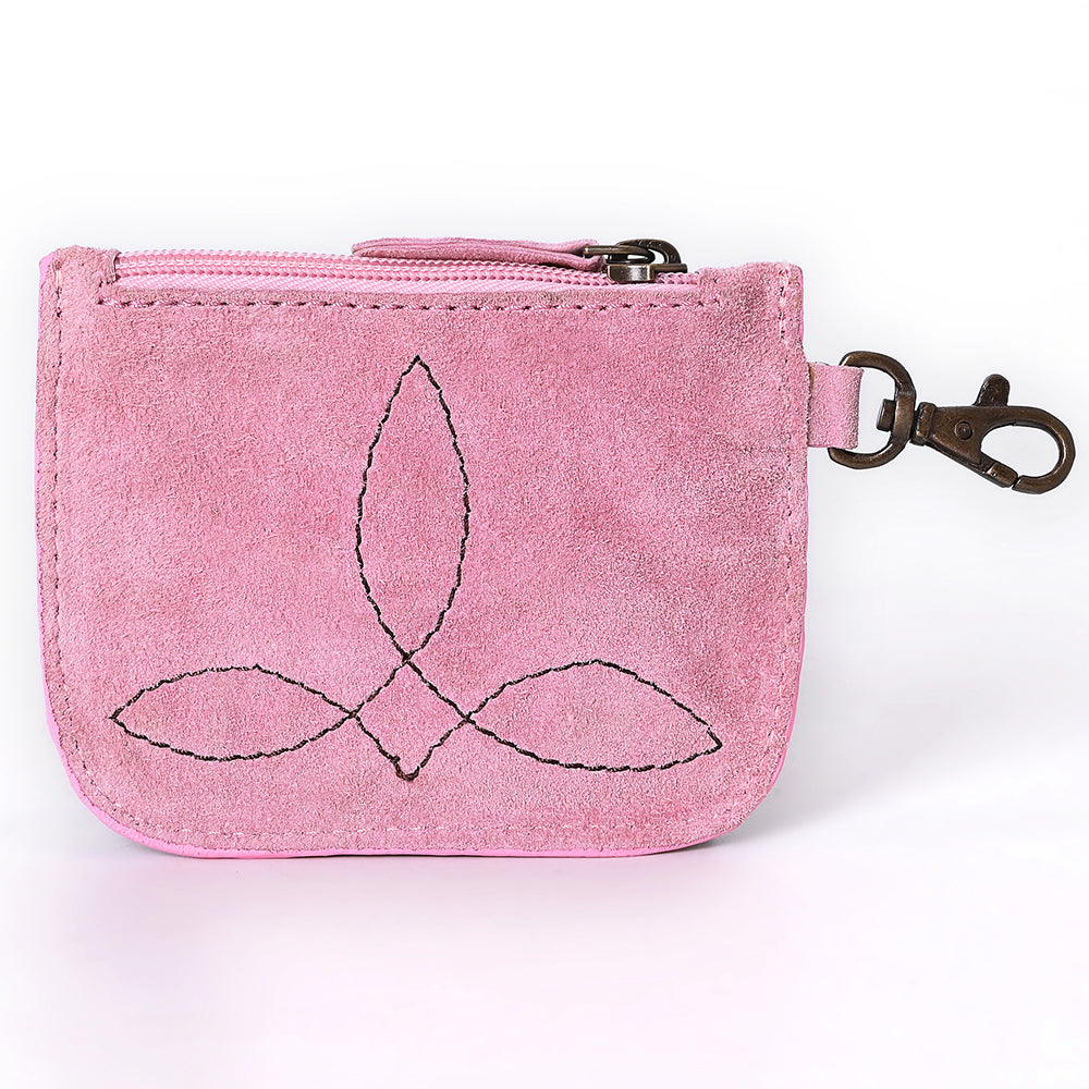 ADBGA746 Tooled Leather Coin Purse - Red Floral Design with Zipper & Clip Hook