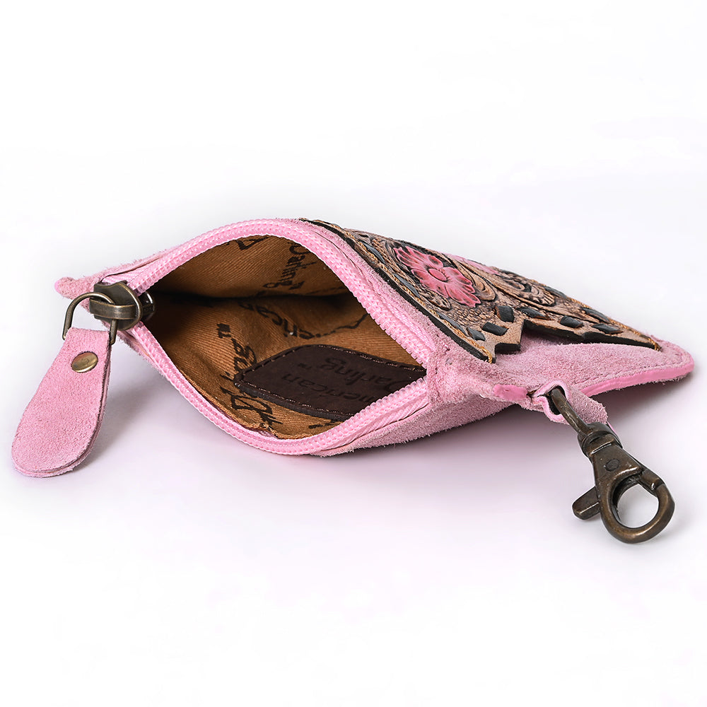 ADBGA746 Tooled Leather Coin Purse - Red Floral Design with Zipper & Clip Hook