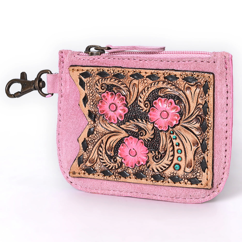 ADBGA746 Tooled Leather Coin Purse - Red Floral Design with Zipper & Clip Hook