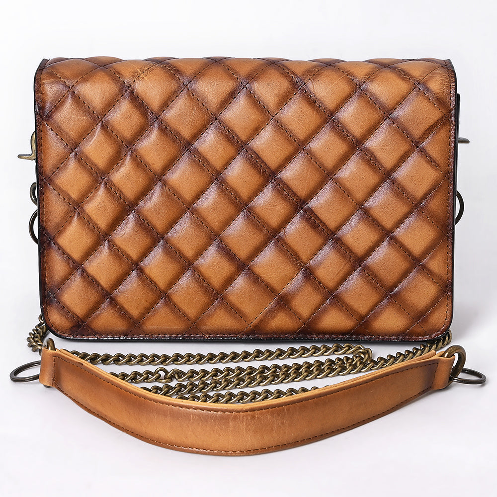 ADBGM588 Tan Quilted Leather Chain Bag - Western Crossbody Organiser with Antique Brass Strap