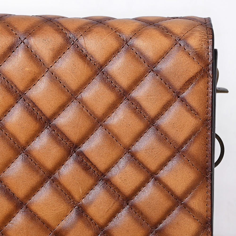ADBGM588 Tan Quilted Leather Chain Bag - Western Crossbody Organiser with Antique Brass Strap