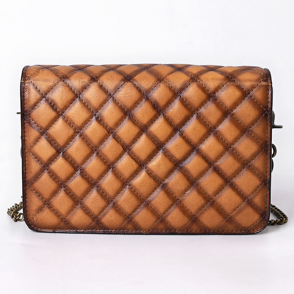 ADBGM588 Tan Quilted Leather Chain Bag - Western Crossbody Organiser with Antique Brass Strap