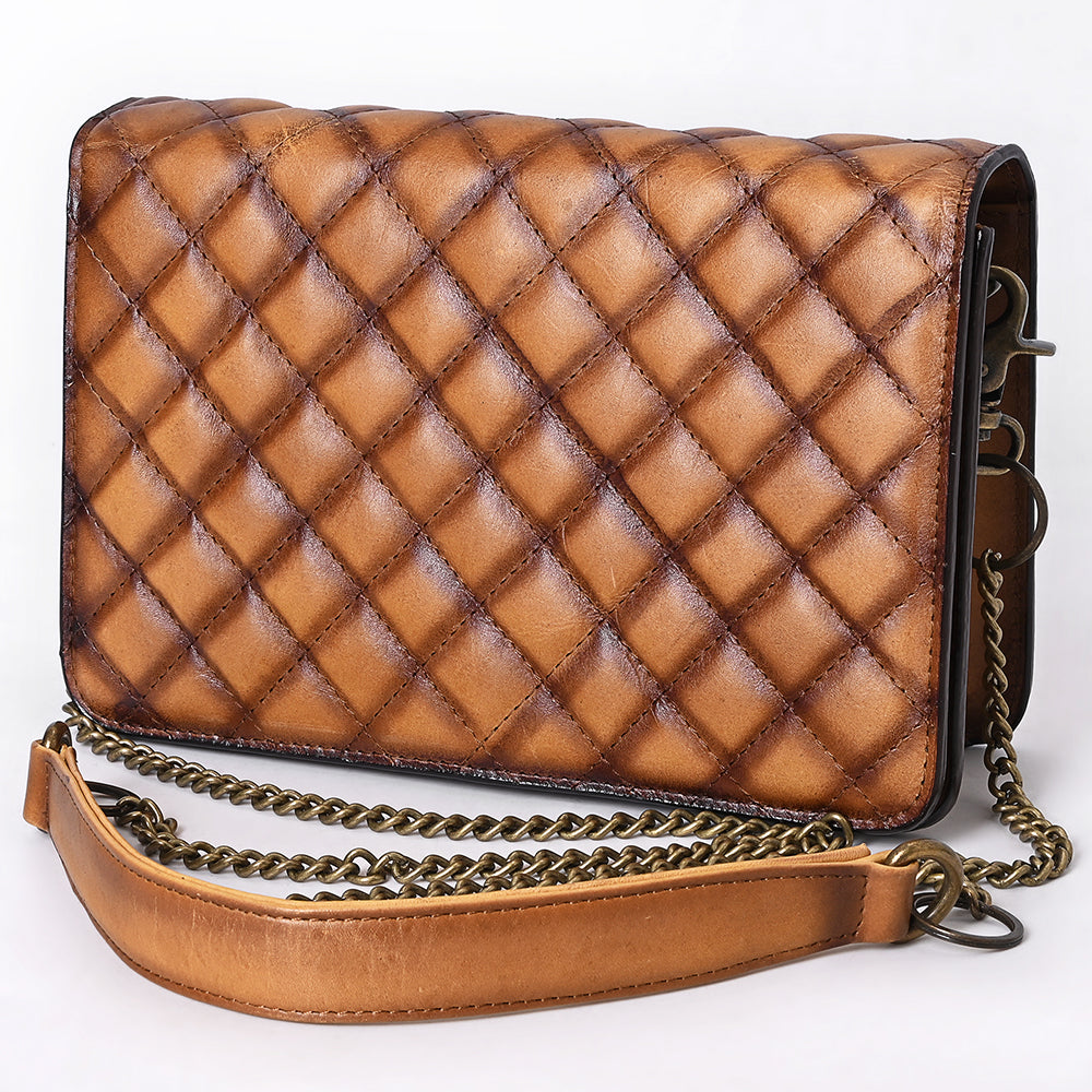 ADBGM588 Tan Quilted Leather Chain Bag - Western Crossbody Organiser with Antique Brass Strap
