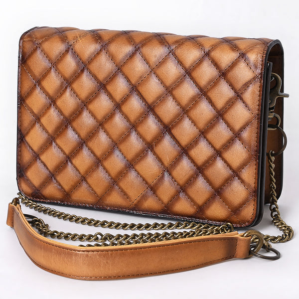 ADBGM588 Tan Quilted Leather Chain Bag - Western Crossbody Organiser with Antique Brass Strap