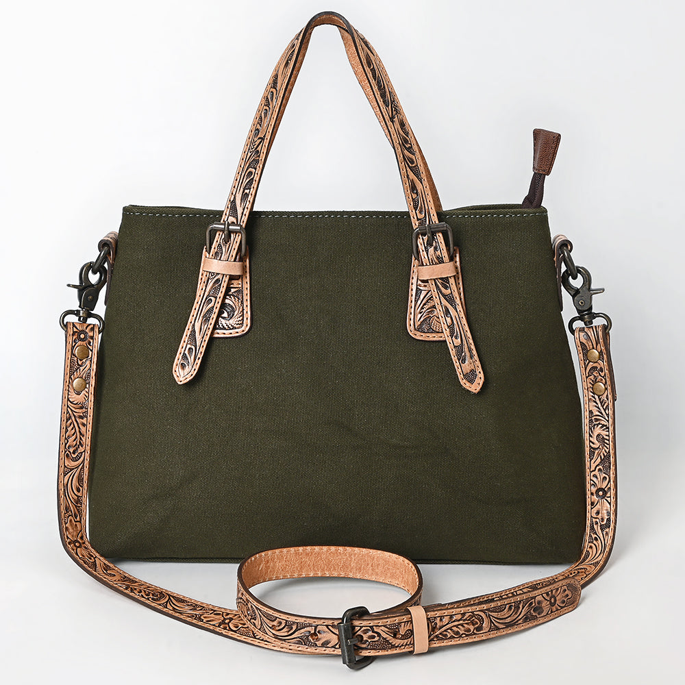 ADBG1700 Olive Canvas Tote with Tooled Leather Straps - Western Style