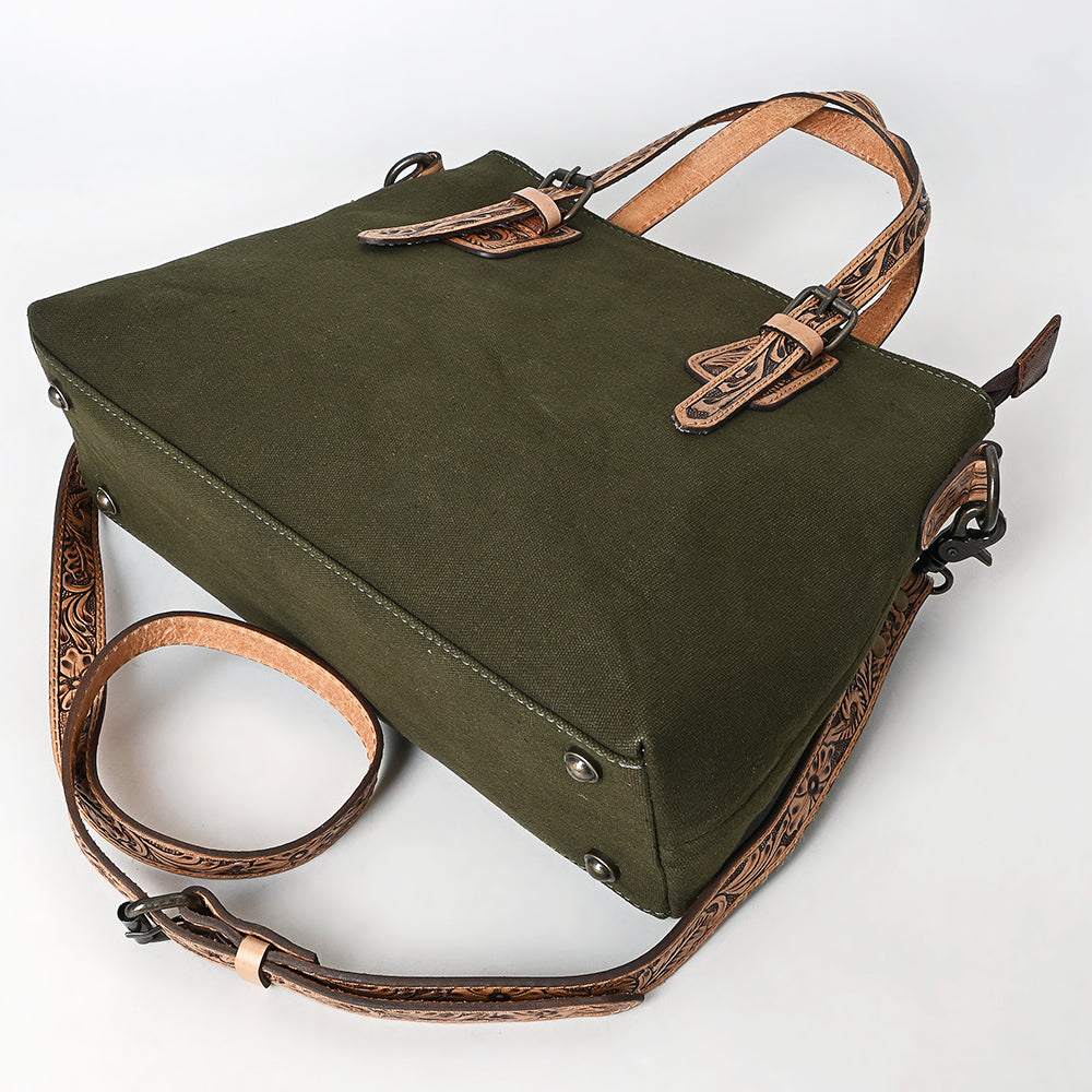 ADBG1700 Olive Canvas Tote with Tooled Leather Straps - Western Style
