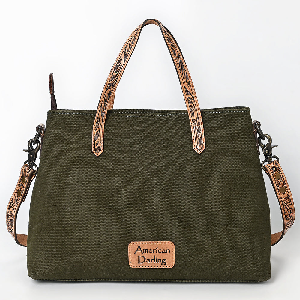 ADBG1700 Olive Canvas Tote with Tooled Leather Straps - Western Style