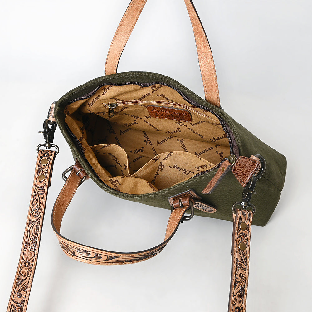 ADBG1700 Olive Canvas Tote with Tooled Leather Straps - Western Style