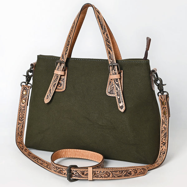 ADBG1700 Olive Canvas Tote with Tooled Leather Straps - Western Style