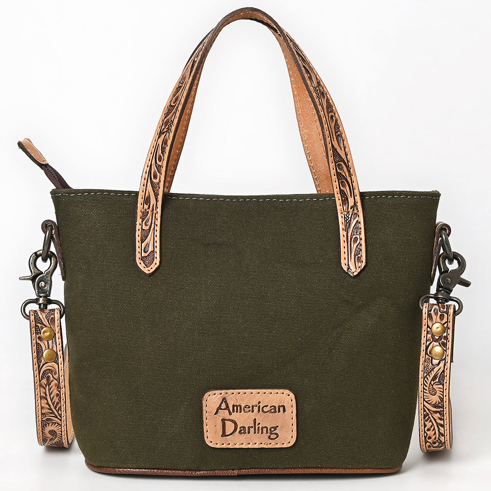 ADBG1702 Small Olive Canvas Crossbody with Tooled Leather Straps - Western Handbag