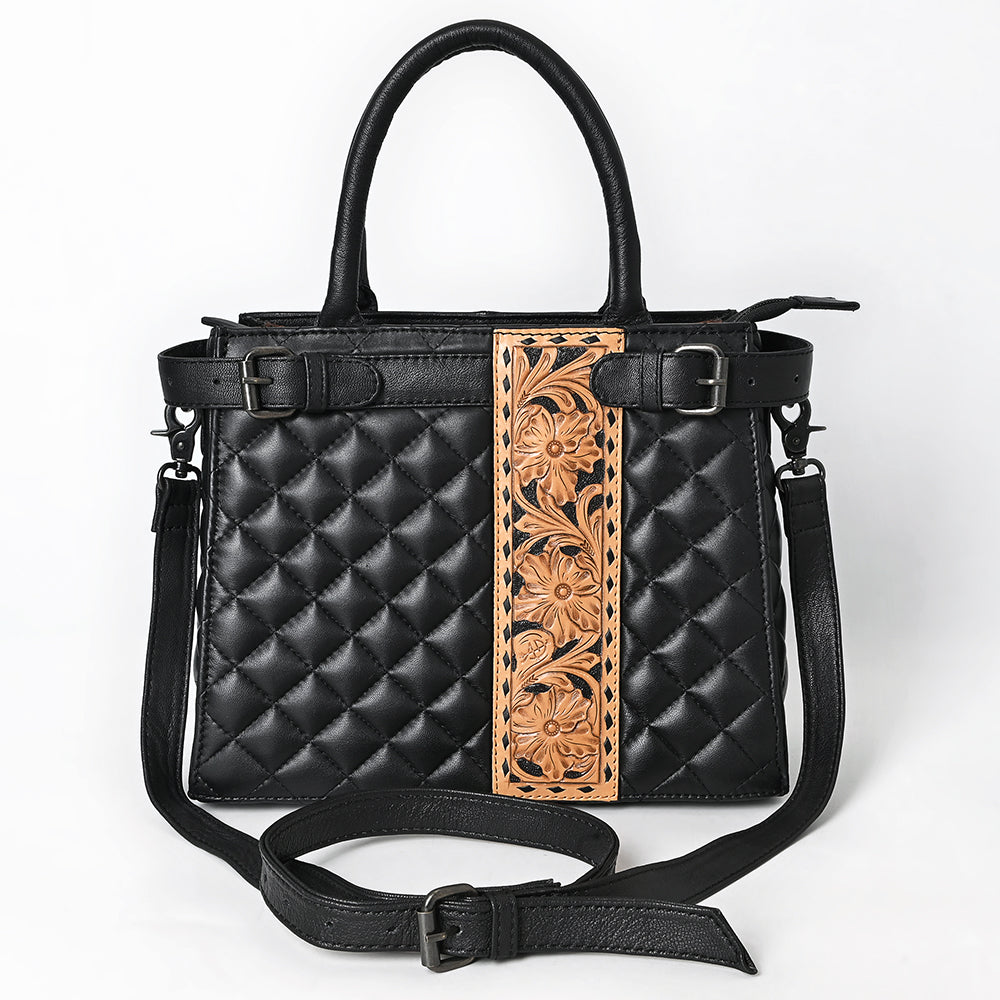 ADBG1704 Quilted Black Leather Tote Bag with Tooled Floral Leather Accent & Adjustable Strap
