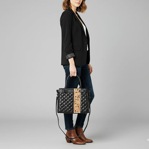 American Darling Quilted Genuine Leather Tote | Hand-Tooled Floral Panel Shoulder Bag