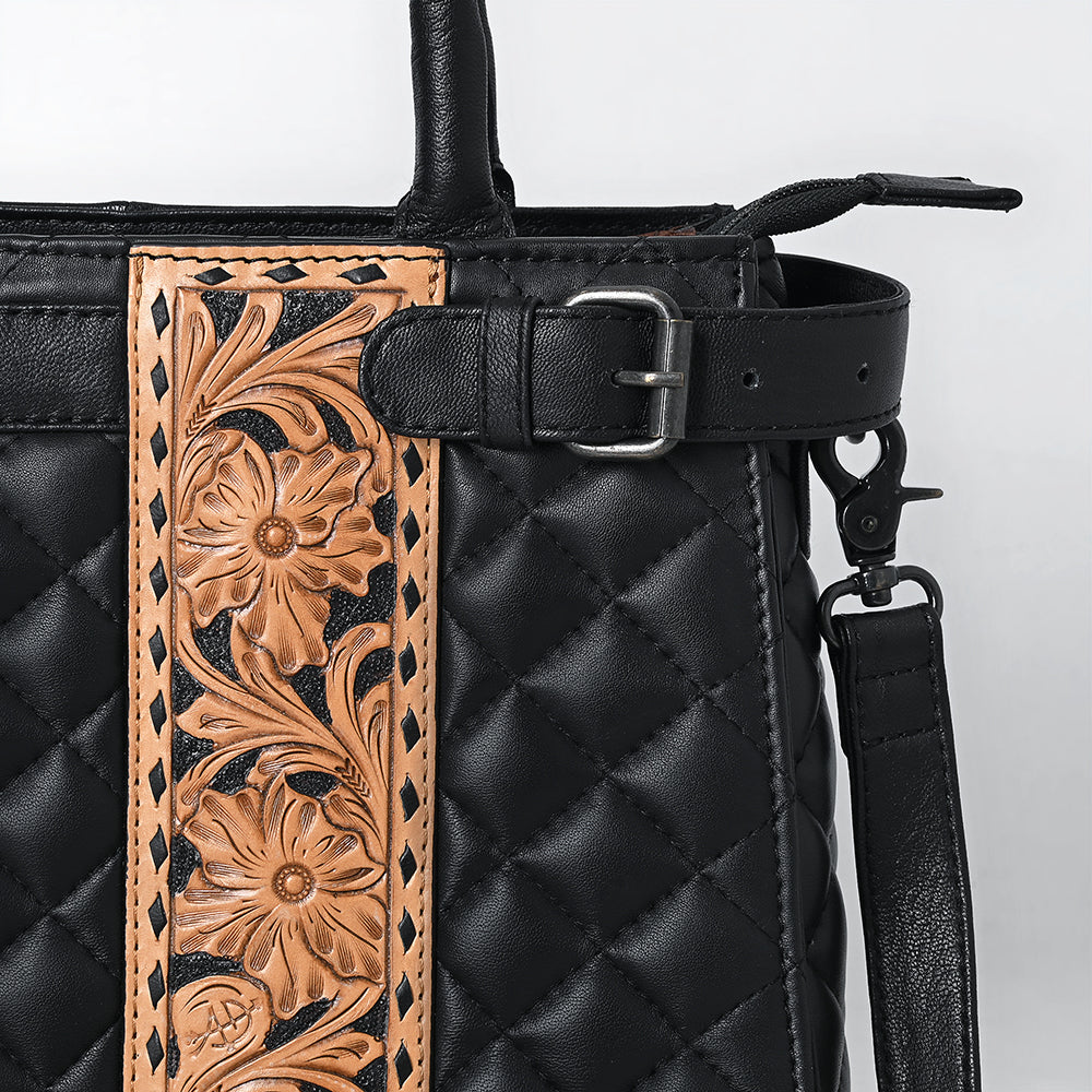 ADBG1704 Quilted Black Leather Tote Bag with Tooled Floral Leather Accent & Adjustable Strap