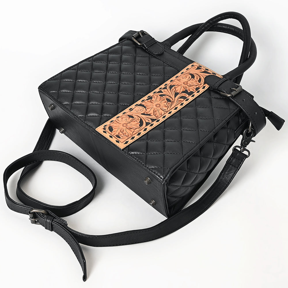 ADBG1704 Quilted Black Leather Tote Bag with Tooled Floral Leather Accent & Adjustable Strap