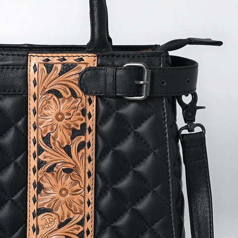 American Darling Quilted Genuine Leather Tote | Hand-Tooled Floral Panel Shoulder Bag