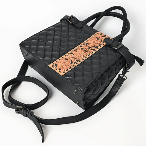 American Darling Quilted Genuine Leather Tote | Hand-Tooled Floral Panel Shoulder Bag