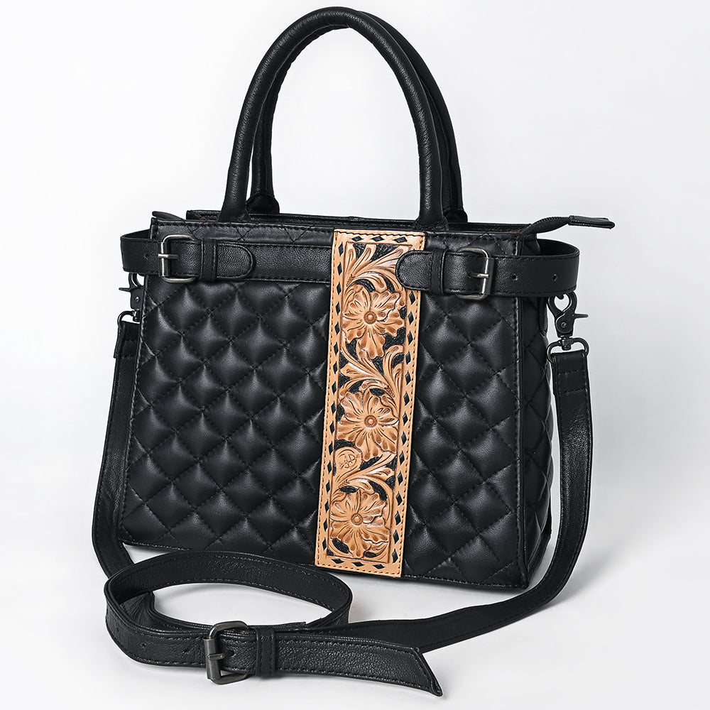 ADBG1704 Quilted Black Leather Tote Bag with Tooled Floral Leather Accent & Adjustable Strap