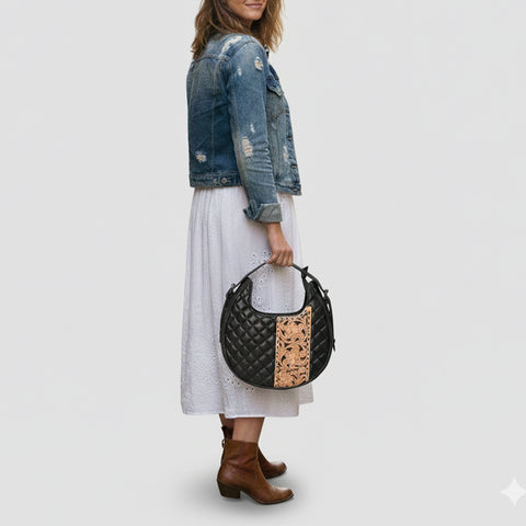 American Darling Quilted Genuine Leather Hobo Bag | Hand-Tooled Floral Accent Shoulder Bag