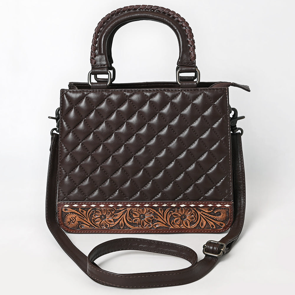 ADBG1707 Quilted Brown Leather Tote Bag with Hand-Tooled Floral Accent & Adjustable Strap