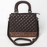 Quilted brown leather crossbody bag with hand-tooled floral leather accent, braided top handles, and adjustable shoulder strap

