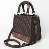 Quilted brown leather crossbody bag with hand-tooled floral leather accent, braided top handles, and adjustable shoulder strap
