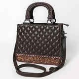 ADBG1707 Quilted Brown Leather Crossbody Bag with Hand-Tooled Floral Accent & Adjustable Strap