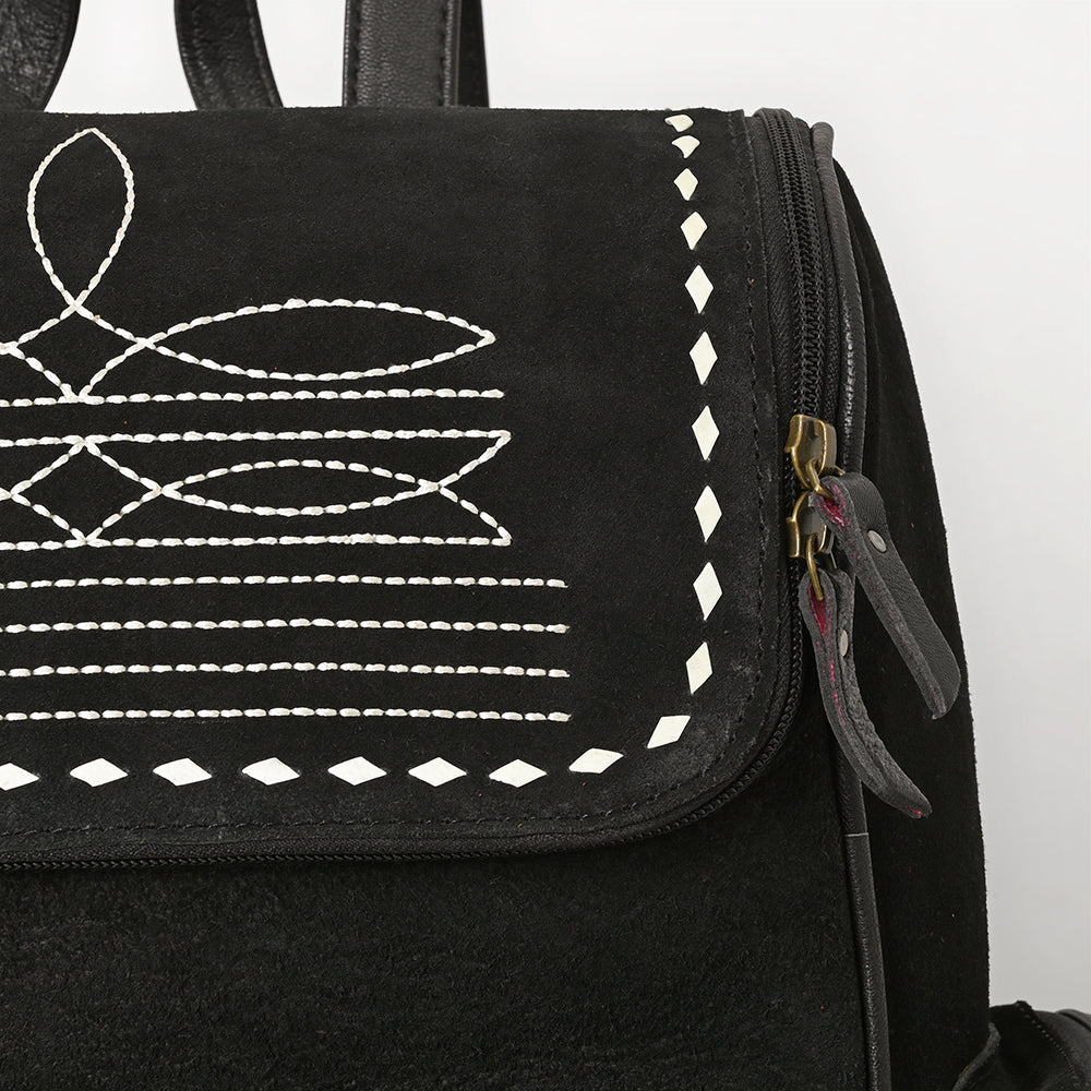 ADBG1710 Black Genuine suede Leather Backpack with White Western Stitch Embroidery & Side Pockets