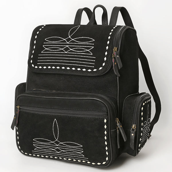 ADBG1710 Black Genuine suede Leather Backpack with White Western Stitch Embroidery & Side Pockets