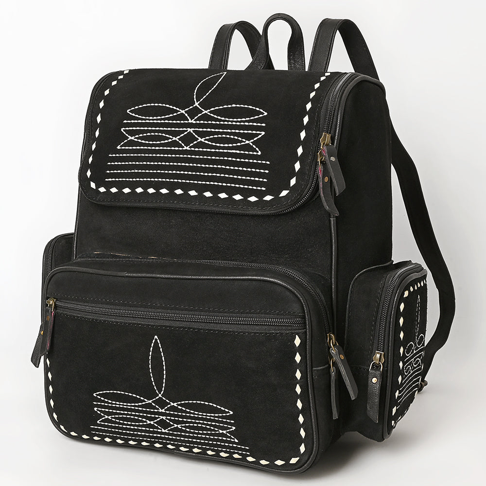 ADBG1710 Black Genuine suede Leather Backpack with White Western Stitch Embroidery & Side Pockets