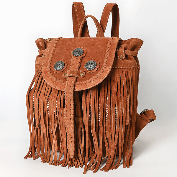 ADBG1711 Brown Genuine Leather Fringe Backpack with Braided Flap & Western Conchos