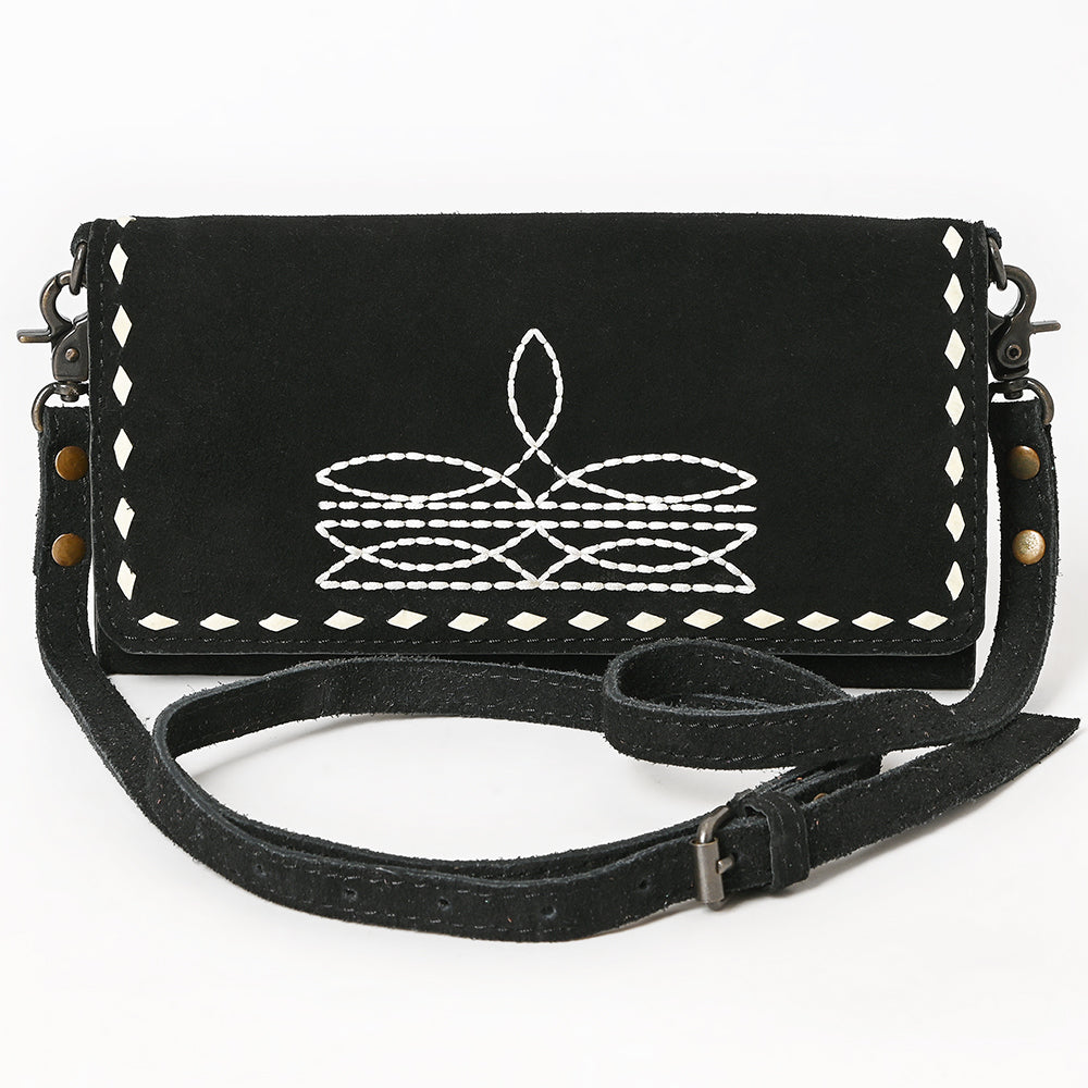 ADBG1712A Black Suede Wallet Bag with White Hand-Stitched Western Design