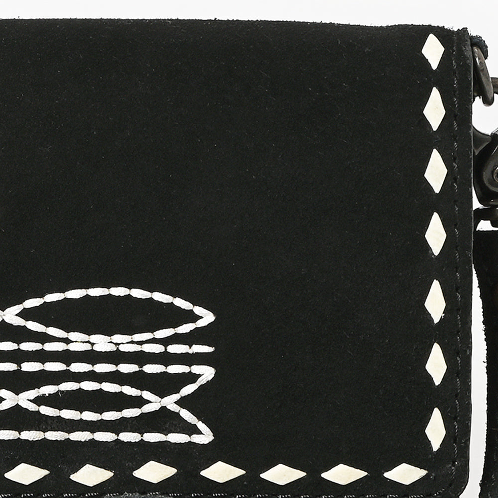 ADBG1712A Black Suede Wallet Bag with White Hand-Stitched Western Design