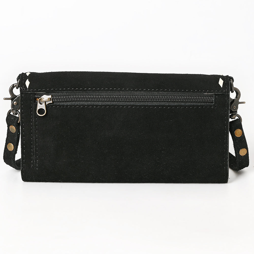 ADBG1712A Black Suede Wallet Bag with White Hand-Stitched Western Design