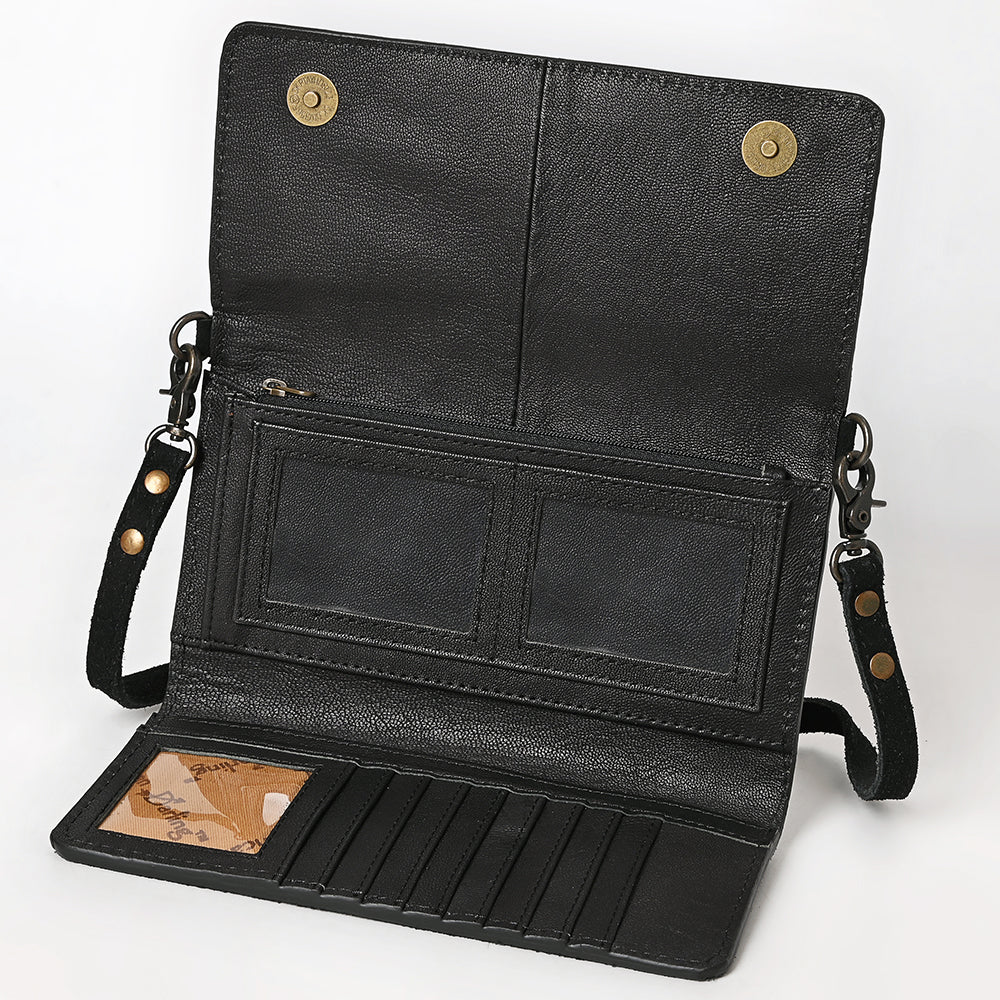 ADBG1712A Black Suede Wallet Bag with White Hand-Stitched Western Design