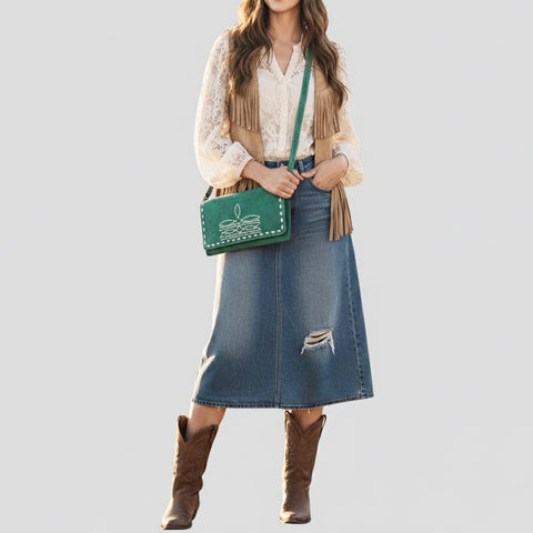 American Darling Genuine Suede Crossbody Bag | Western Boot Stitched Crossbody Purse