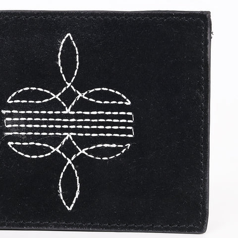 ADBGZ919A Black Genuine suede Leather Bifold Wallet with White Embroidered Stitch Detail