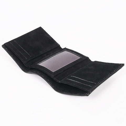 ADBGZ920A Black Genuine suede Leather Trifold Wallet with White Embroidered Stitch Detail