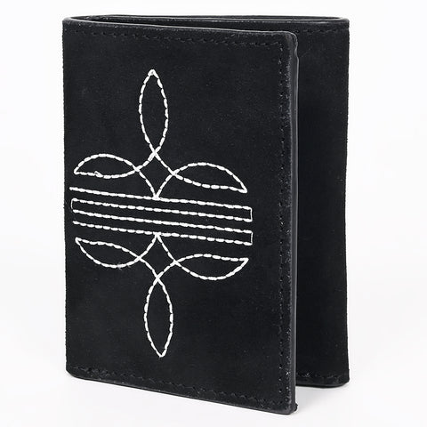 ADBGZ920A Black Genuine suede Leather Trifold Wallet with White Embroidered Stitch Detail