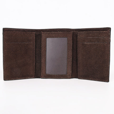 ADBGZ920 Genuine suede Leather Trifold Wallet with White Western Stitch Embroidery