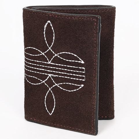 ADBGZ920 Genuine suede Leather Trifold Wallet with White Western Stitch Embroidery