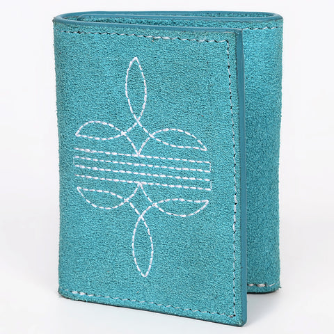 ADBGZ920 Genuine suede Leather Trifold Wallet with White Western Stitch Embroidery