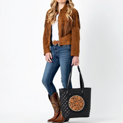 American Darling Quilted Hand Tooled Floral Carved Genuine Leather Tote Bag