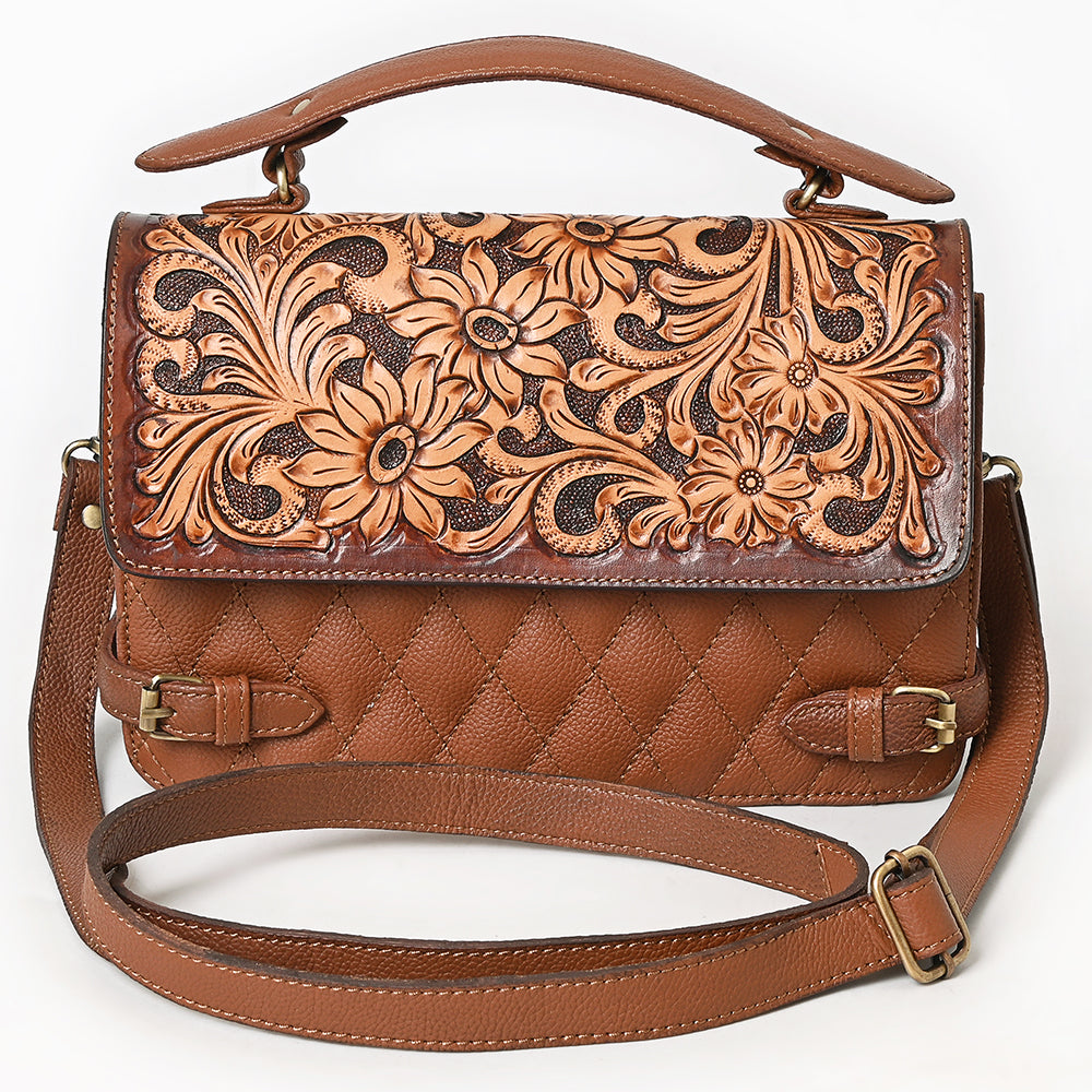 ADBGA751 Tan Quilted Leather Western Handbag - Tooled Floral Flap with Top Handle & Crossbody Strap