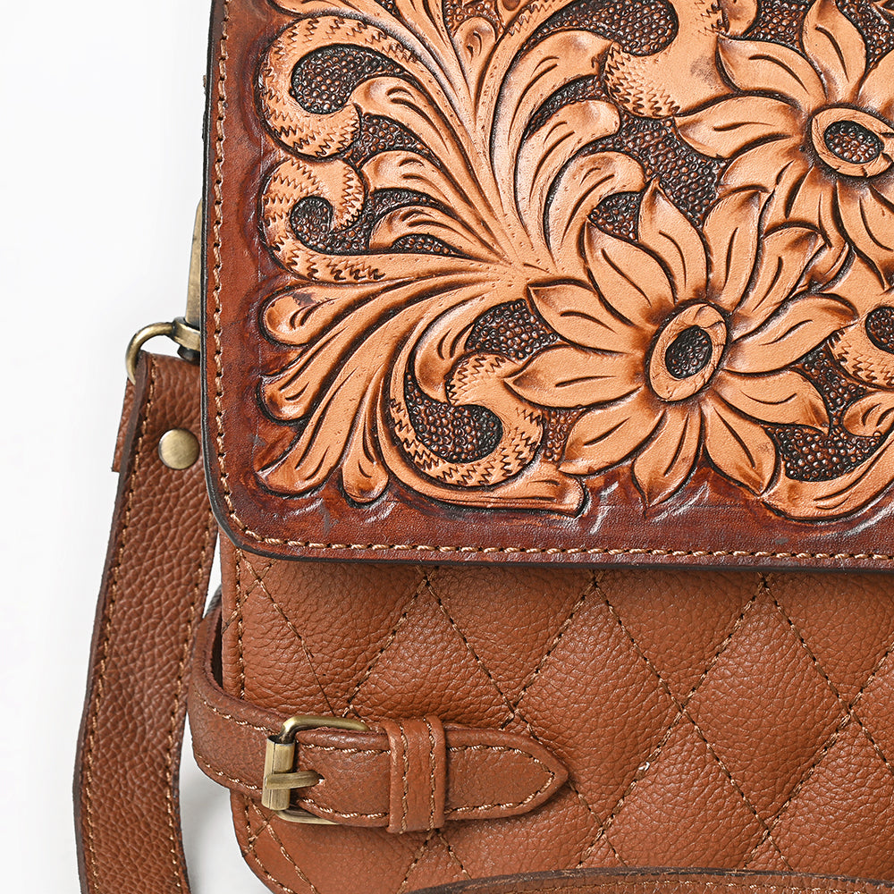 ADBGA751 Tan Quilted Leather Western Handbag - Tooled Floral Flap with Top Handle & Crossbody Strap