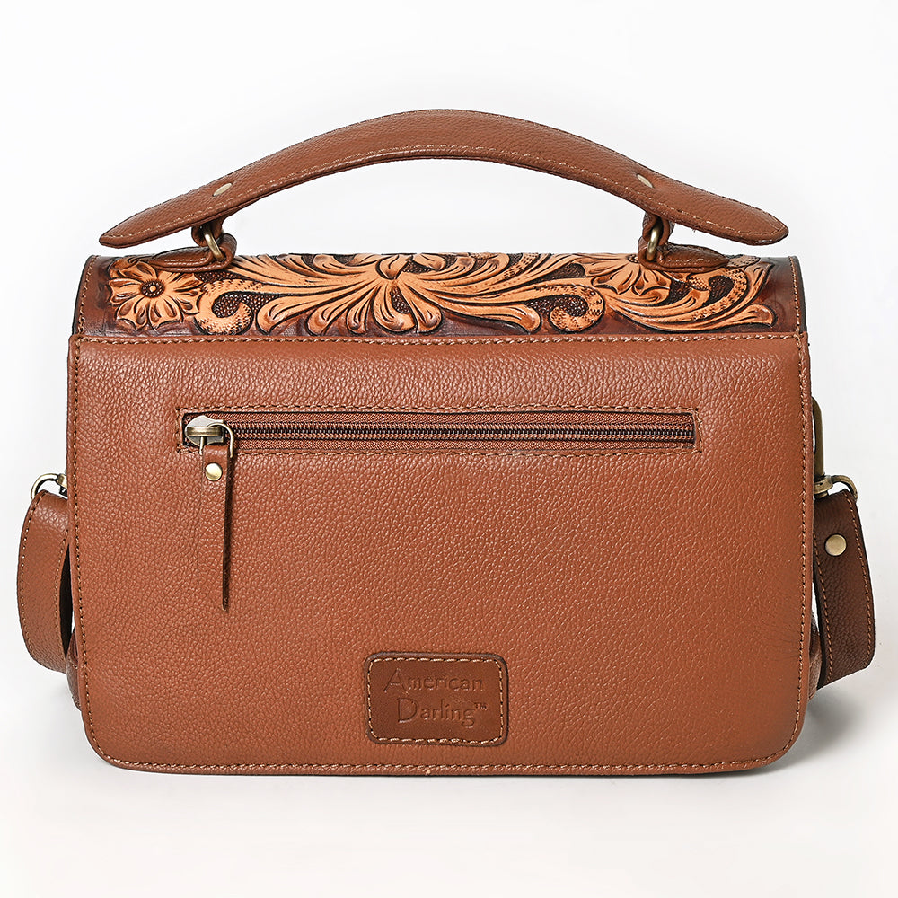 ADBGA751 Tan Quilted Leather Western Handbag - Tooled Floral Flap with Top Handle & Crossbody Strap