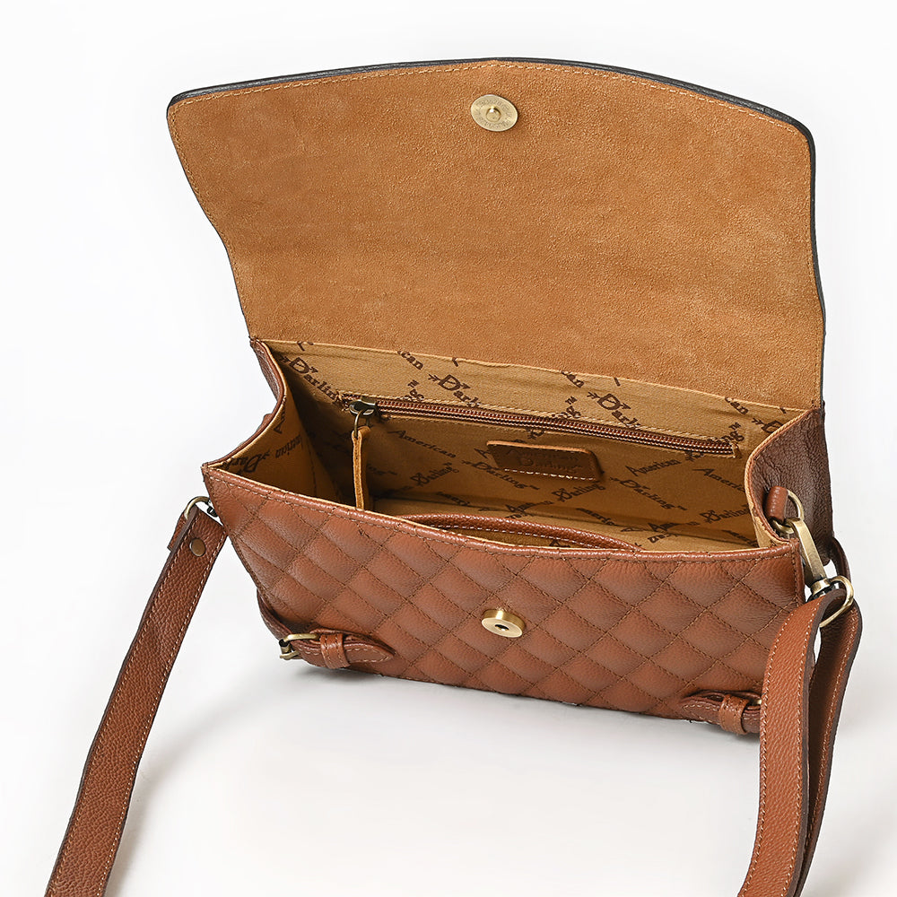 ADBGA751 Tan Quilted Leather Western Handbag - Tooled Floral Flap with Top Handle & Crossbody Strap