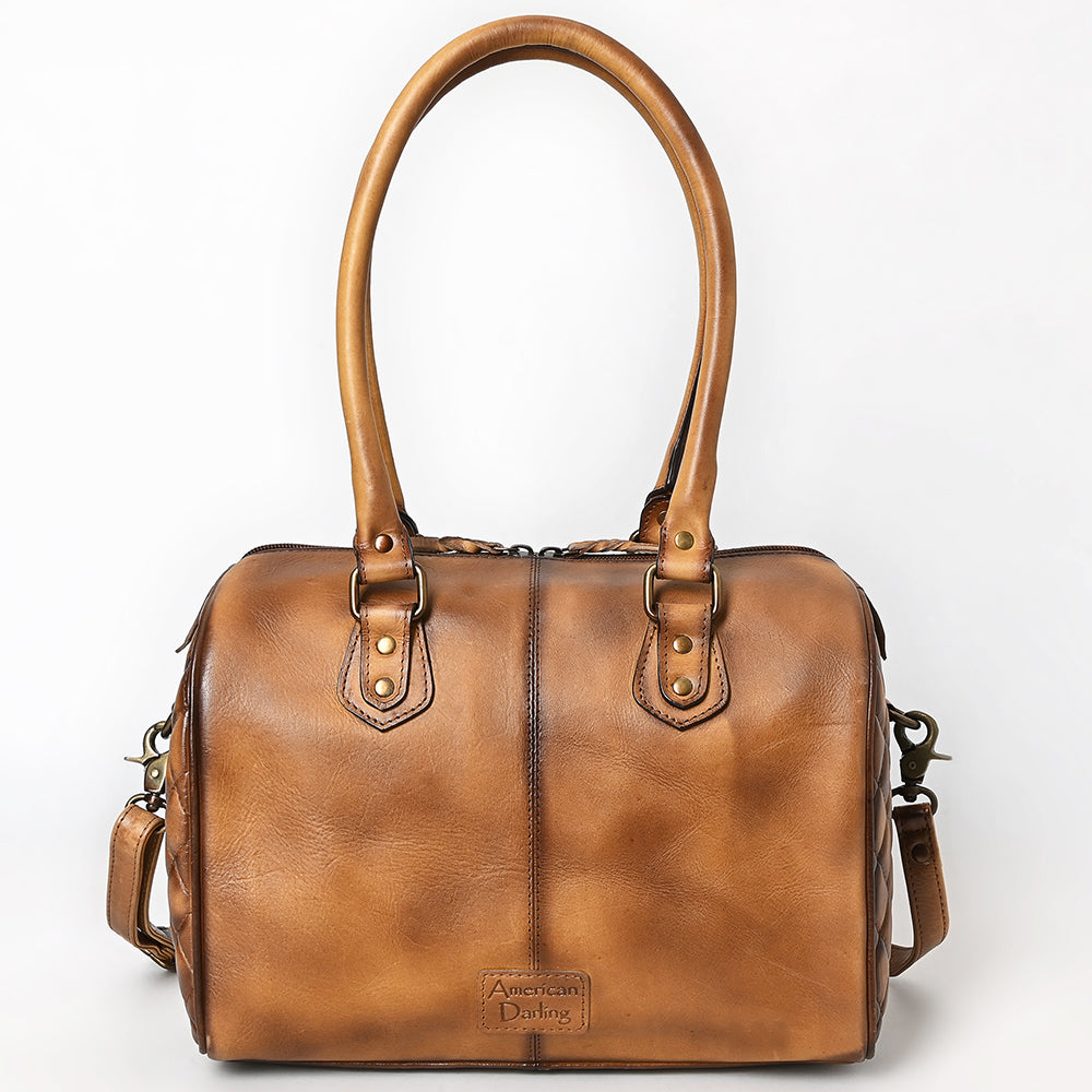 ADBGM596 Quilted Chestnut Brown Genuine Leather Barrel Duffel bag with Dual Handles & Strap