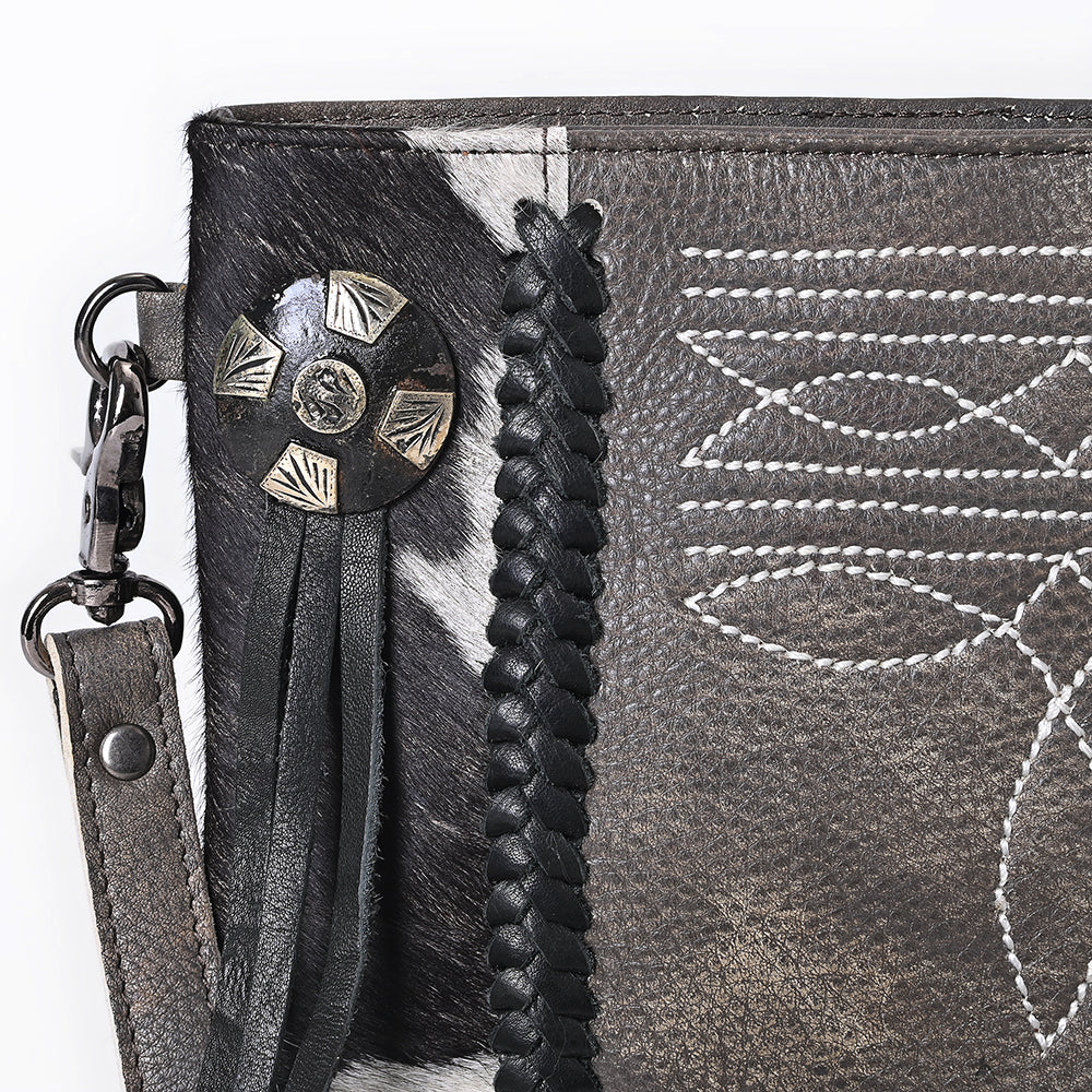 ADBGM597 Hair-On Hide & Grey Genuine Leather Crossbody Bag with Western Stitching & Fringe Accent