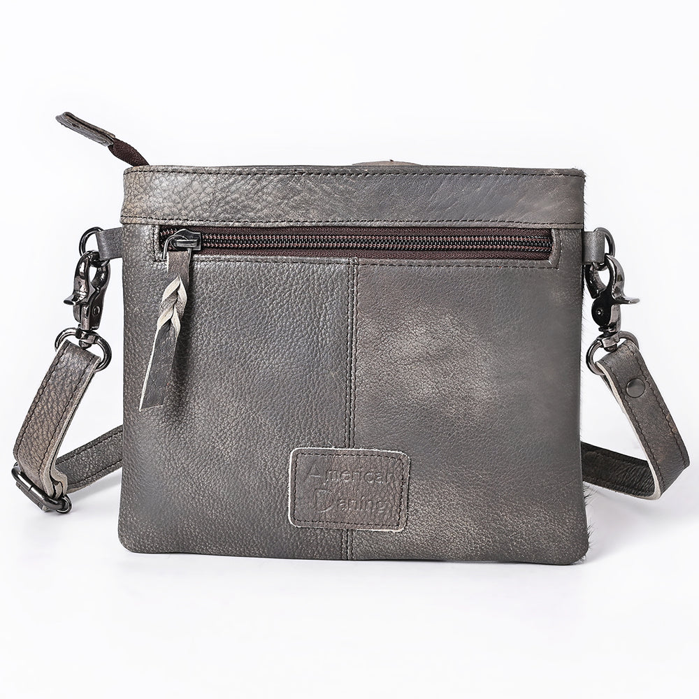 ADBGM597 Hair-On Hide & Grey Genuine Leather Crossbody Bag with Western Stitching & Fringe Accent